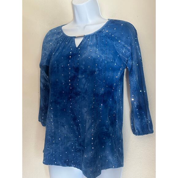 JM Collection Women's Blue Embroidered 3/4 Sleeve Blouse Size Small Petite - Picture 1 of 12